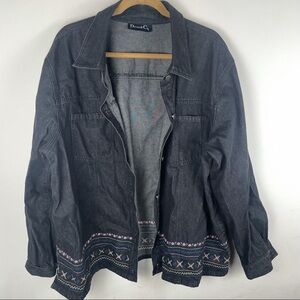 Denim & Co Black Floral Stitch Denim Jacket Size 2X